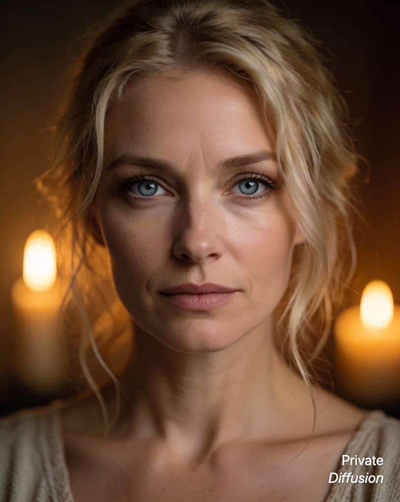 photorealistic portrait of a blonde woman with blue eyes, with candlelight added