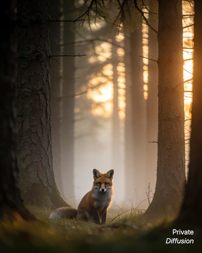 a fox in a misty forest, with golden hour added