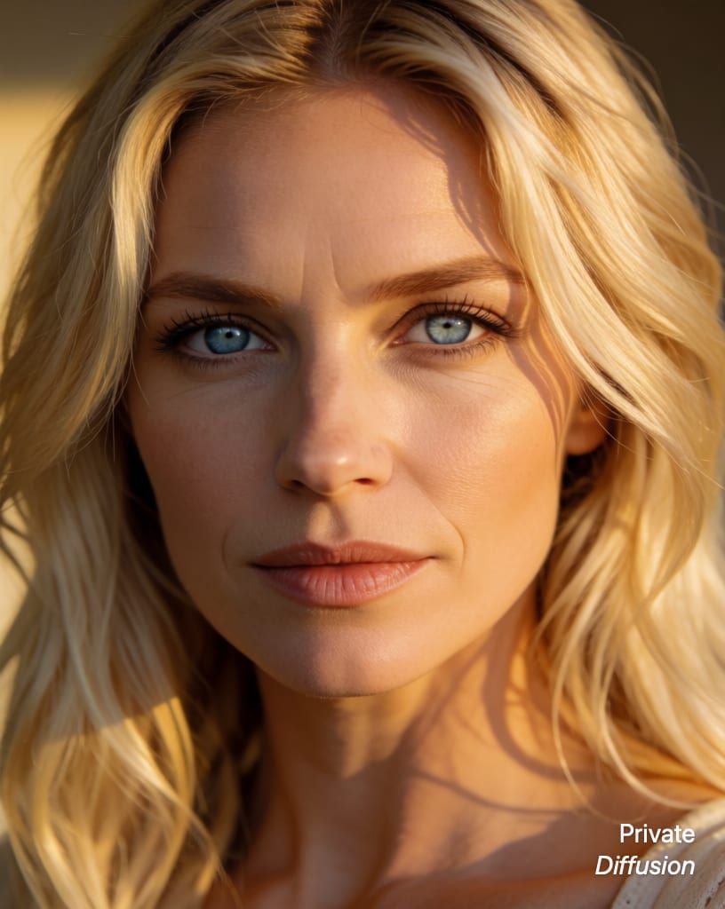 photorealistic portrait of a blonde woman with blue eyes, with golden hour added