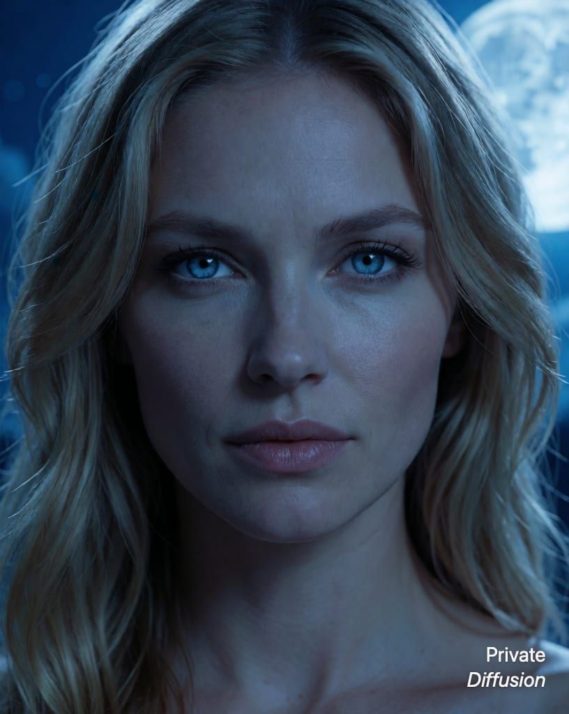 photorealistic portrait of a blonde woman with blue eyes, with moonlight added