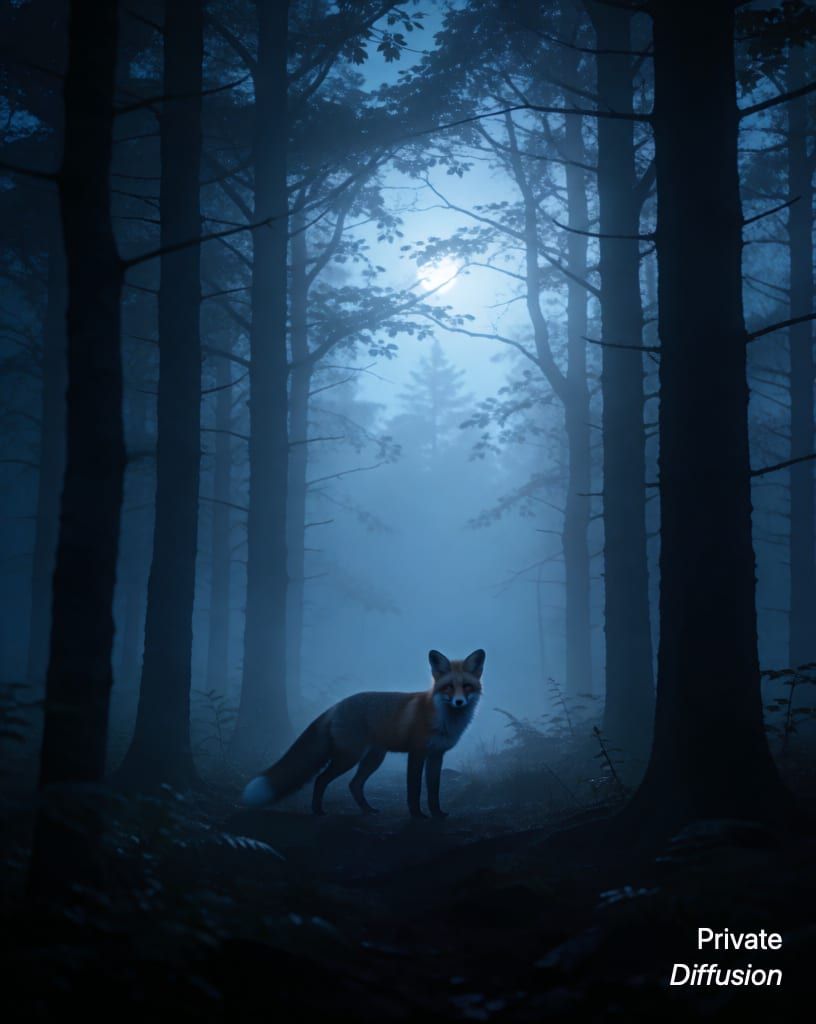 a fox in a misty forest, with moonlight added