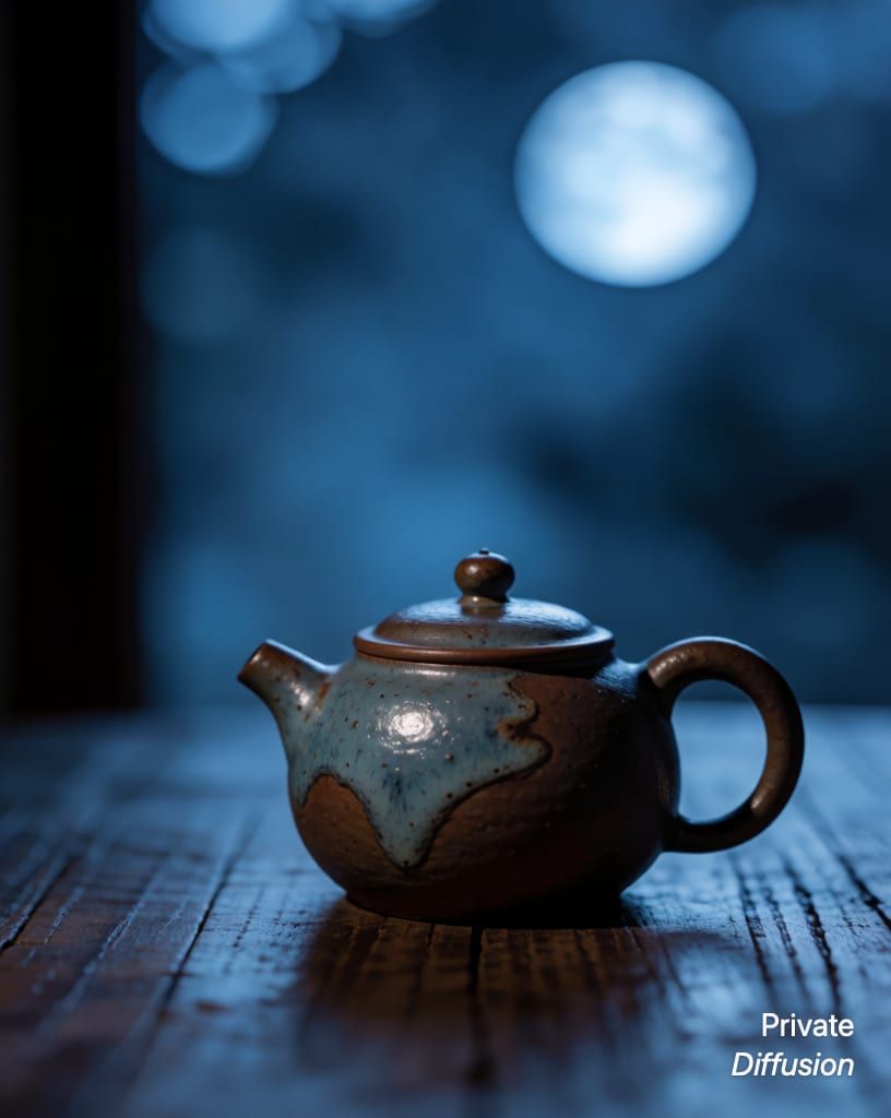 a ceramic teapot on a wooden table, with moonlight added