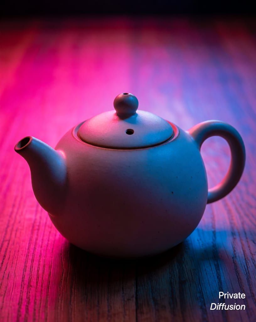 a ceramic teapot on a wooden table, with neon added
