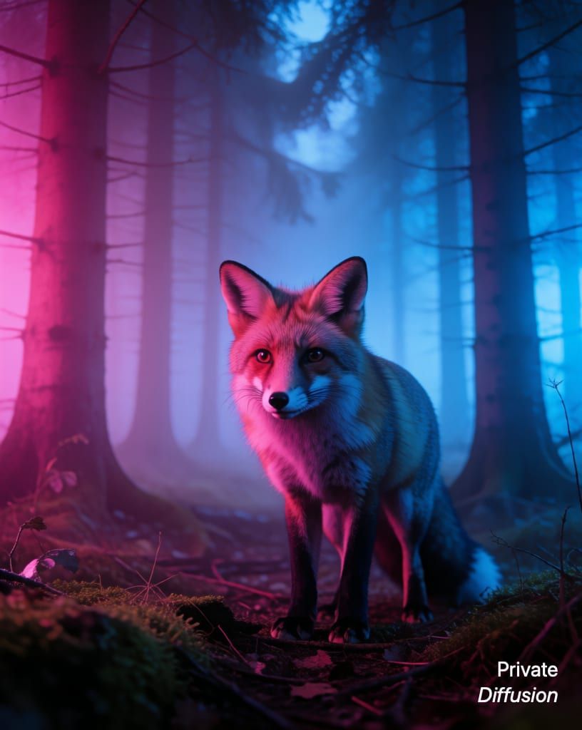 a fox in a misty forest, with neon added