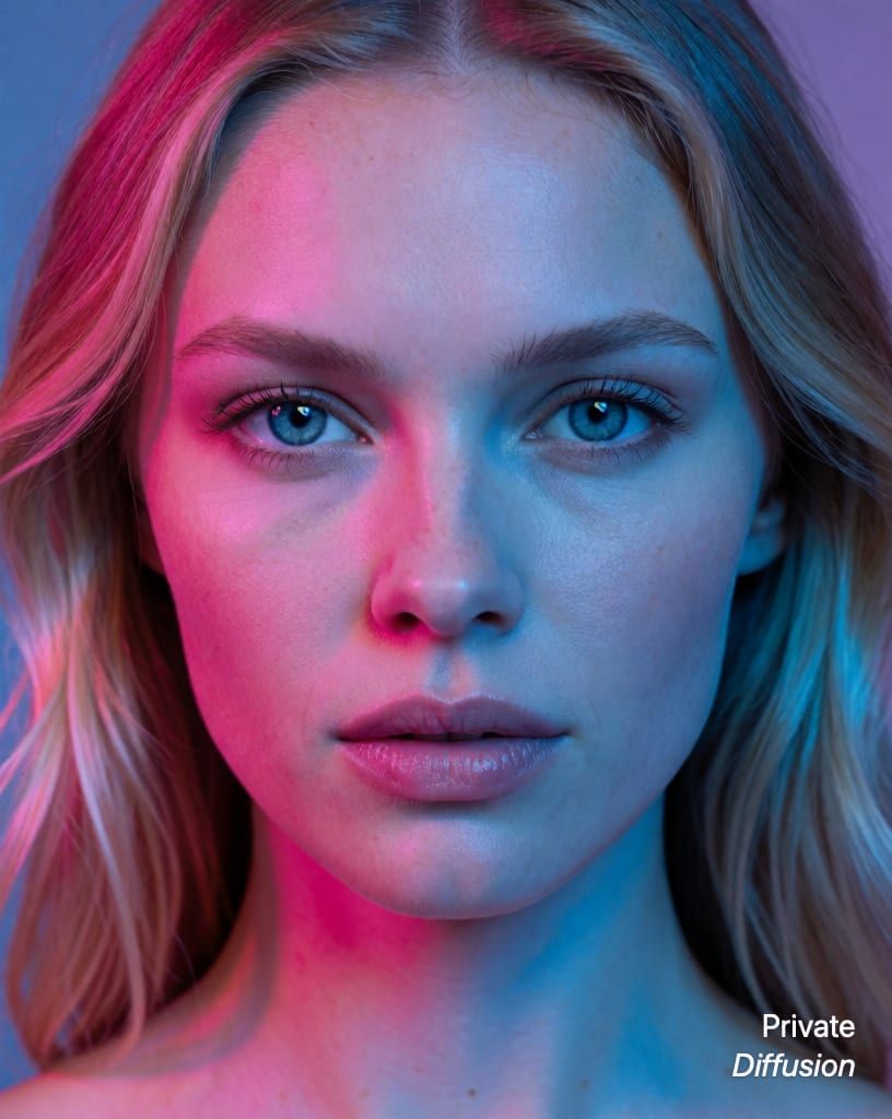 photorealistic portrait of a blonde woman with blue eyes, with neon added