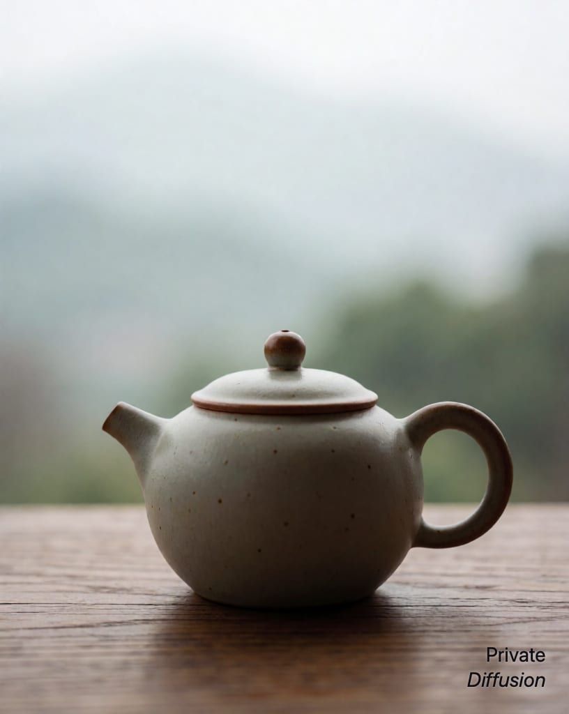 a ceramic teapot on a wooden table, with overcast added
