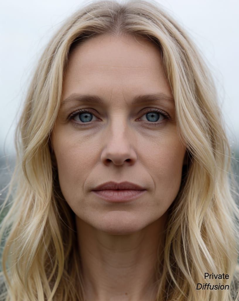 photorealistic portrait of a blonde woman with blue eyes, with overcast added