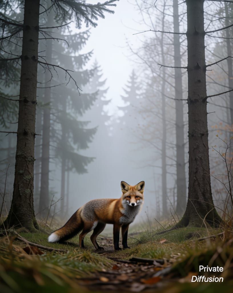 a fox in a misty forest, with overcast added