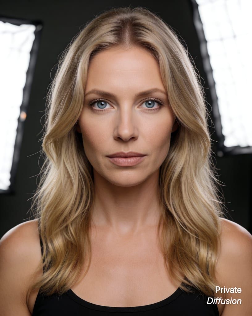 photorealistic portrait of a blonde woman with blue eyes, with studio softbox added