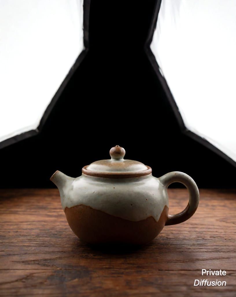 a ceramic teapot on a wooden table, with studio softbox added