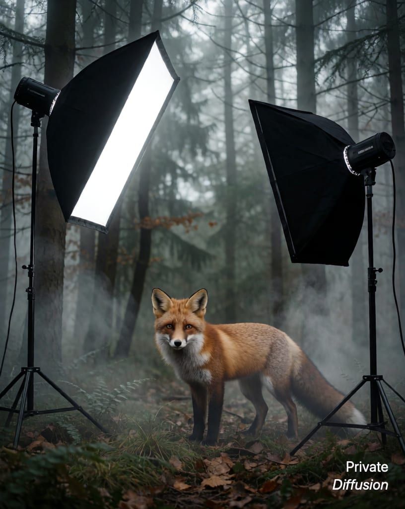 a fox in a misty forest, with studio softbox added
