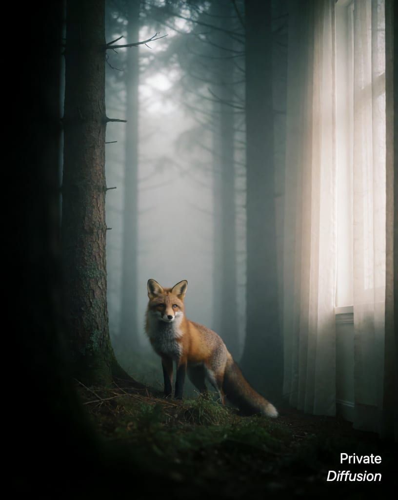a fox in a misty forest, with window light added