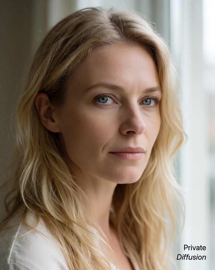 photorealistic portrait of a blonde woman with blue eyes, with window light added