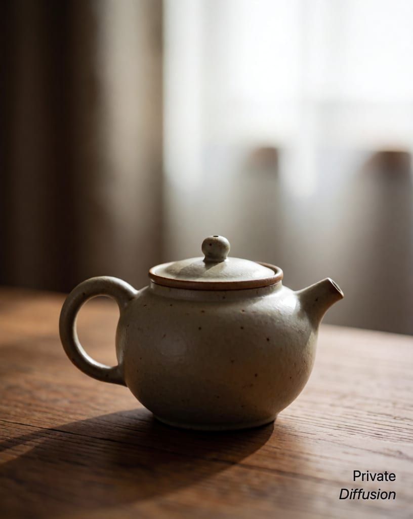 a ceramic teapot on a wooden table, with window light added