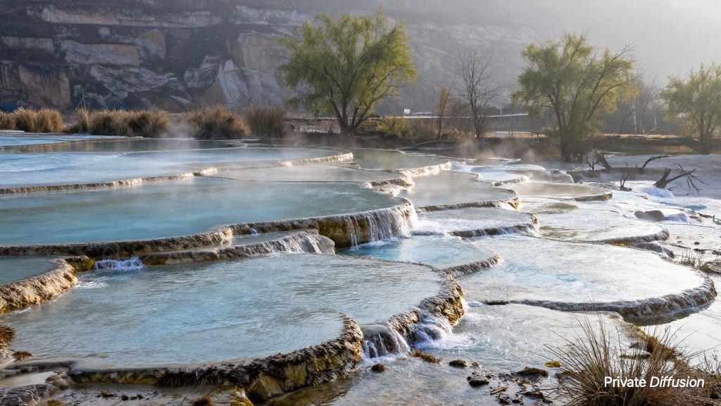 Stepped limestone pools glow at dawn beside reeds, willows, and pale cliffs.