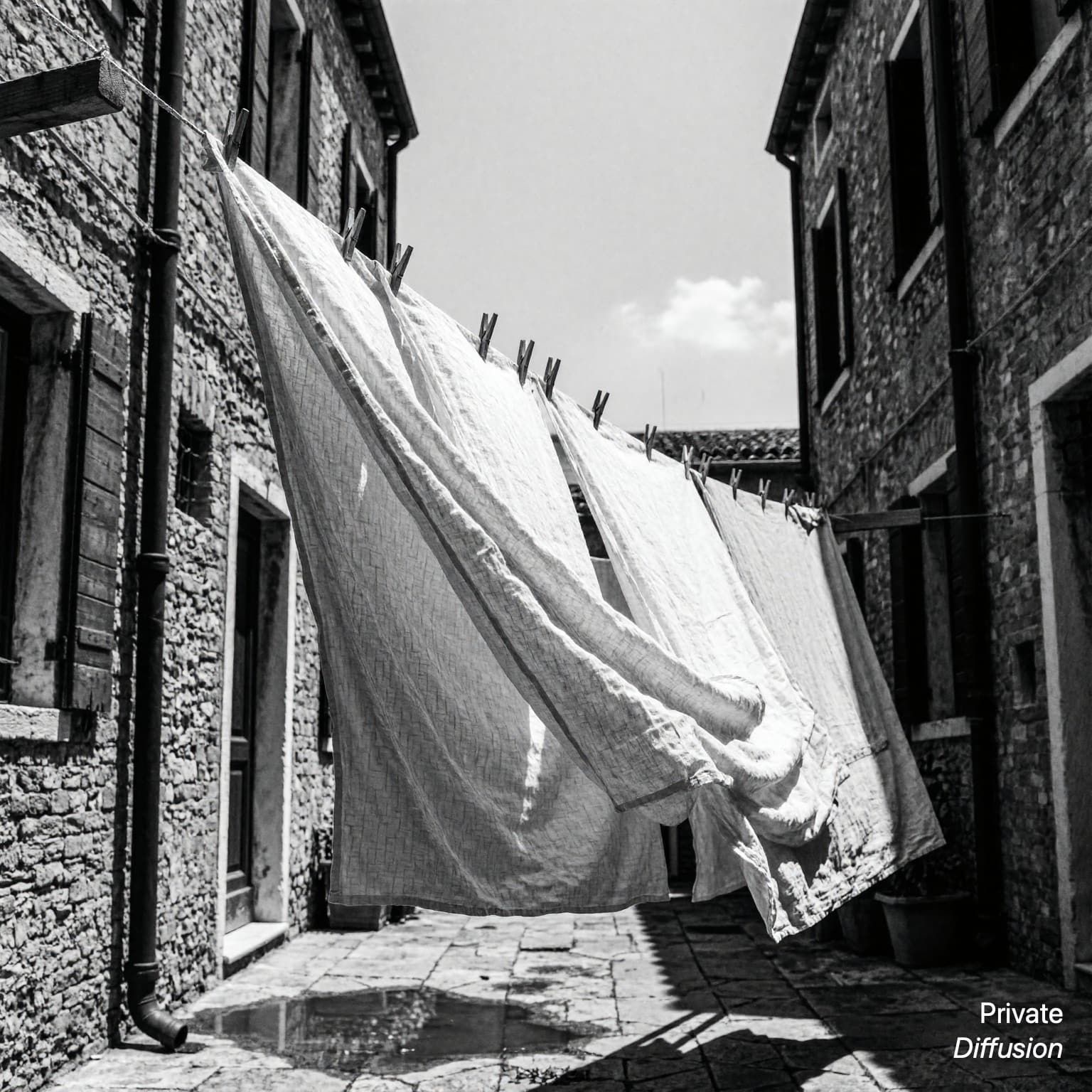 Black-and-white linen sheets twist on a clothesline in a narrow courtyard.