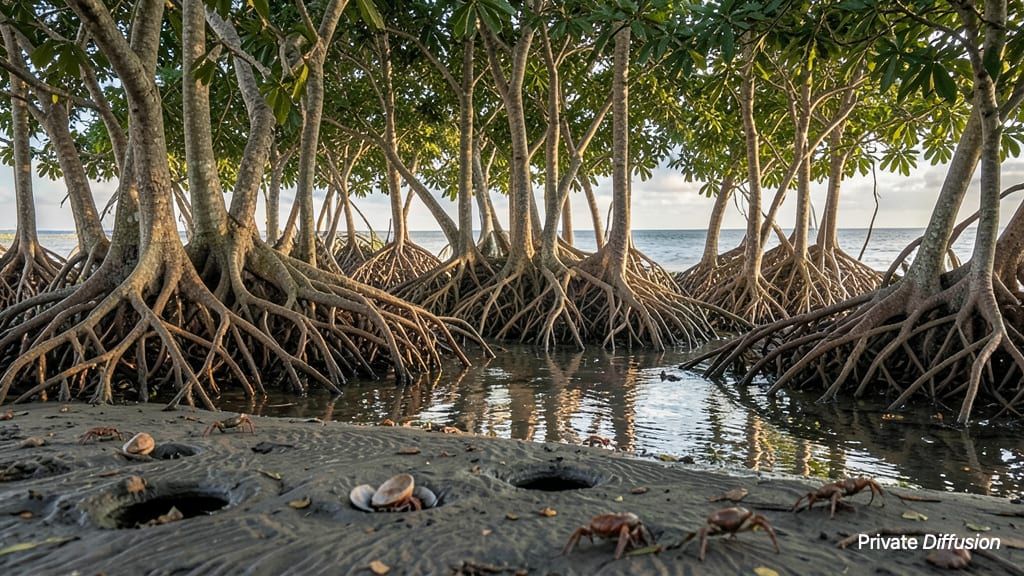 Mangrove roots rise from wet sand at low tide under filtered afternoon light.
