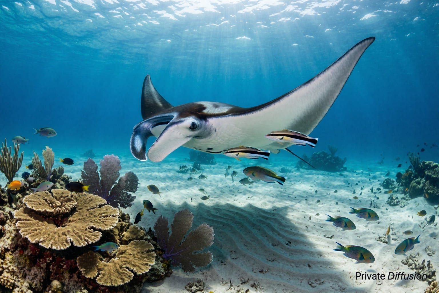 A manta ray swims above coral and sand ripples in clear blue water.
