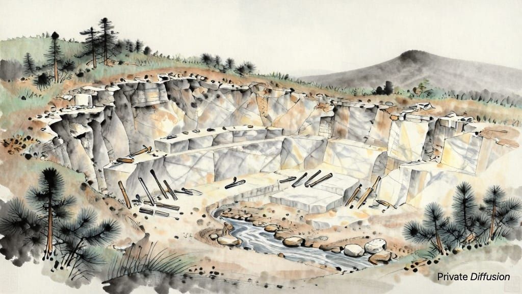 An ink wash landscape shows an abandoned marble quarry among pines at sunrise.