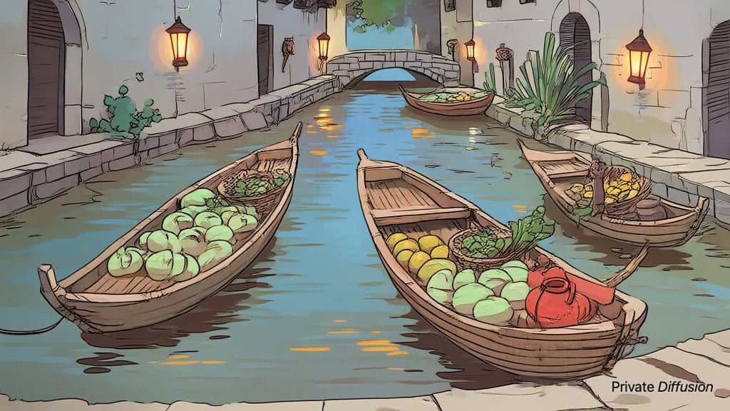 An illustrated floating market of produce boats winds through a lantern-lit canal.