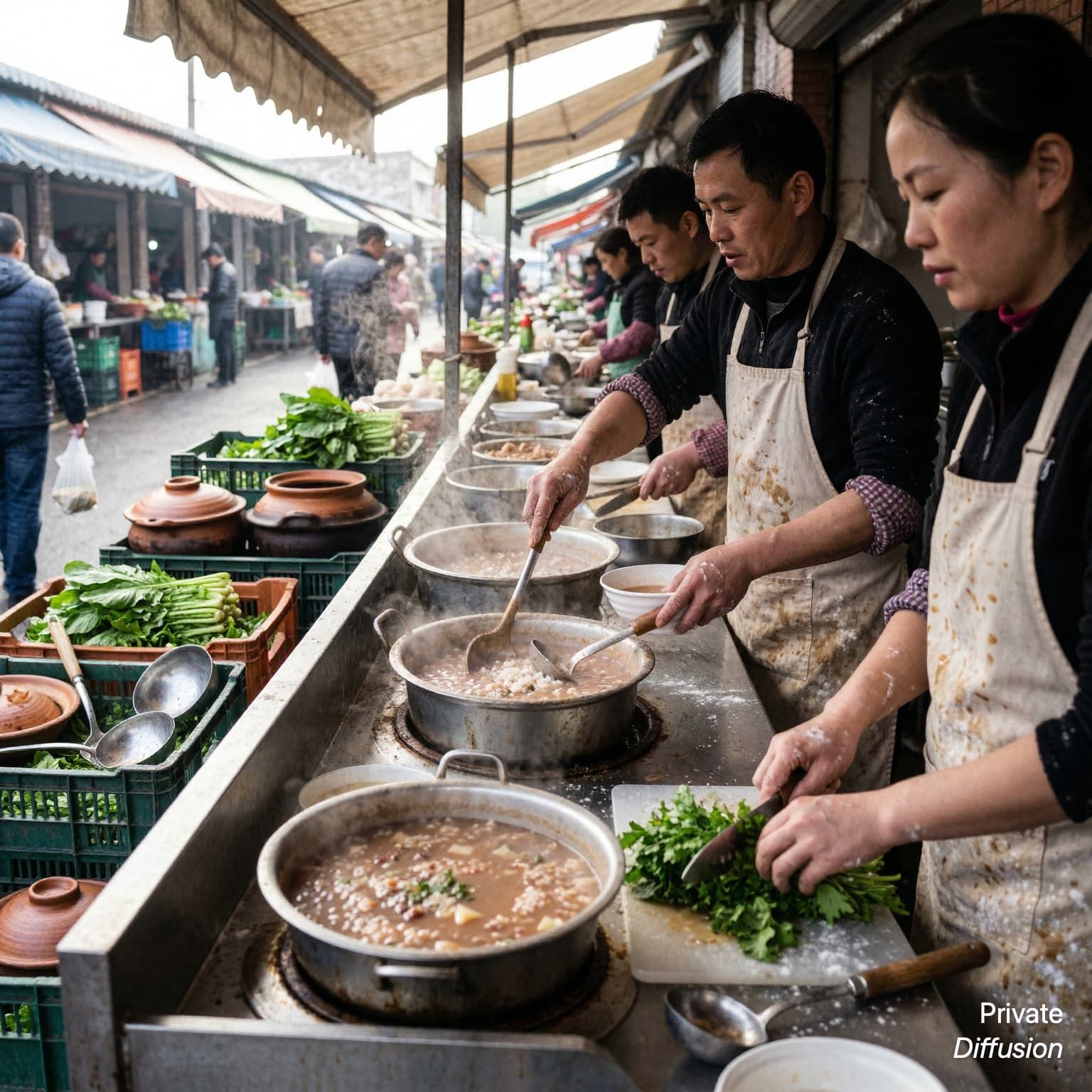 Three adult cooks prepare steaming breakfast together at an open-air market stall.