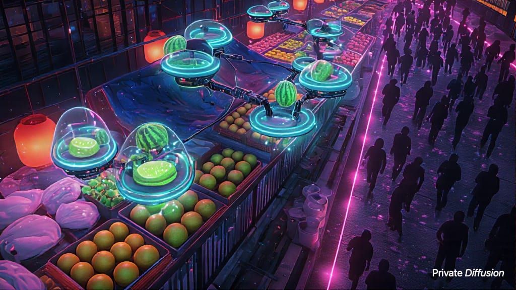 Drones sort glowing fruit over a crowded night market stall under pink and teal light.