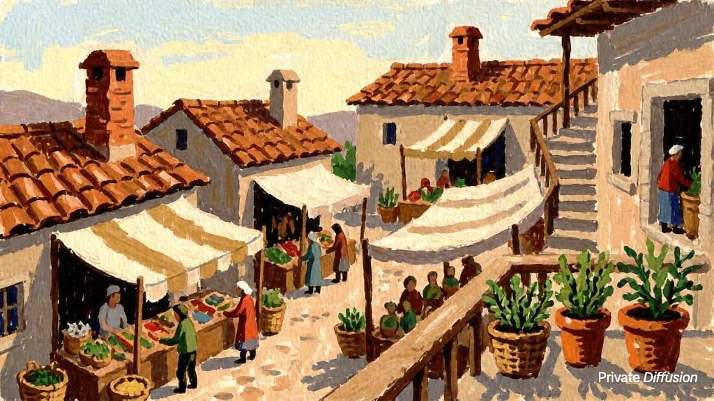 A gouache painting shows a hillside market of rooftops, awnings, and stairways.