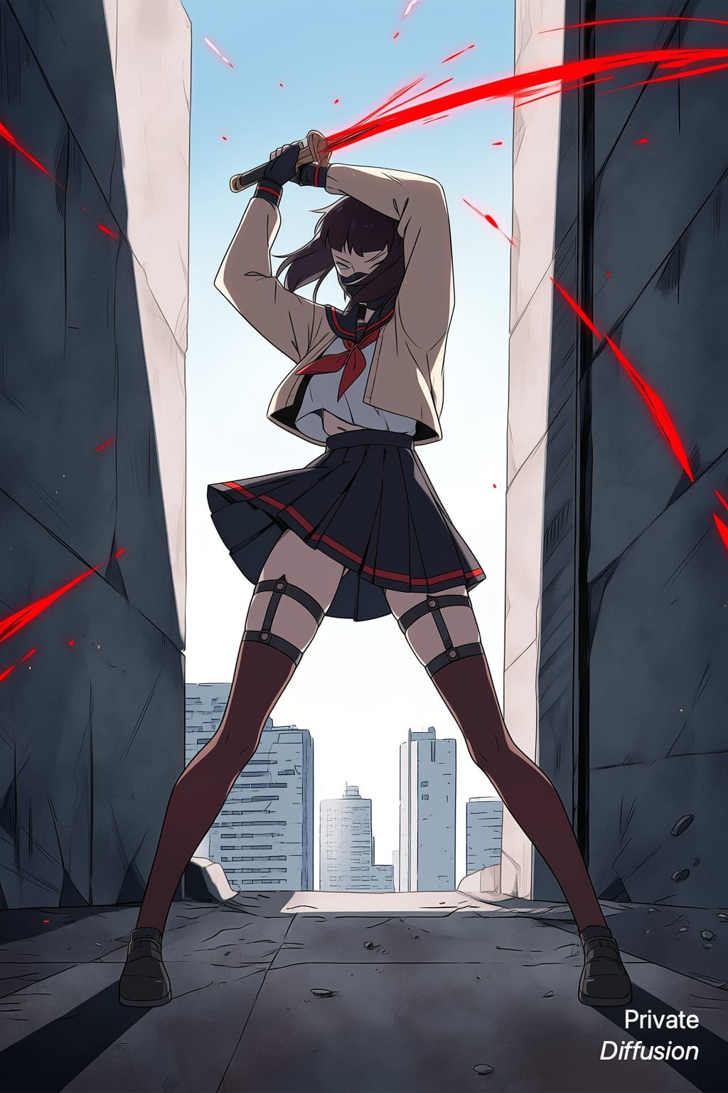 A masked swordswoman swings a glowing red blade in a tall city alley.