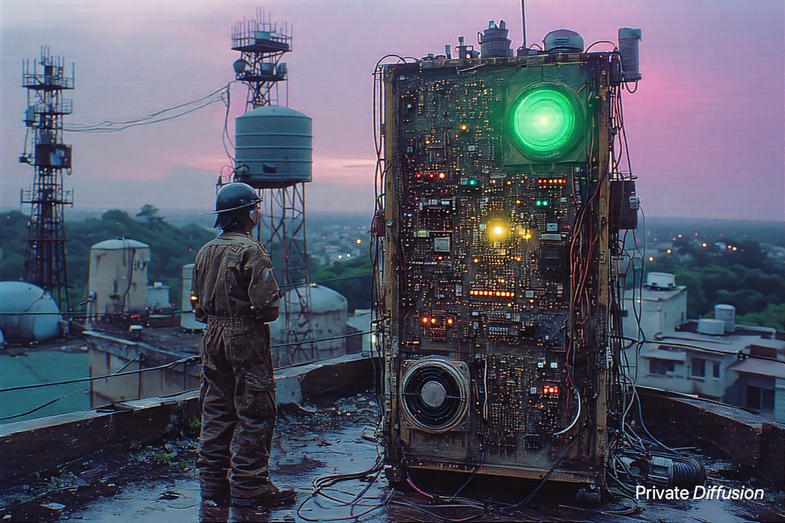 A rooftop mechanic adjusts a glowing wired signal shrine above a dense futuristic city.