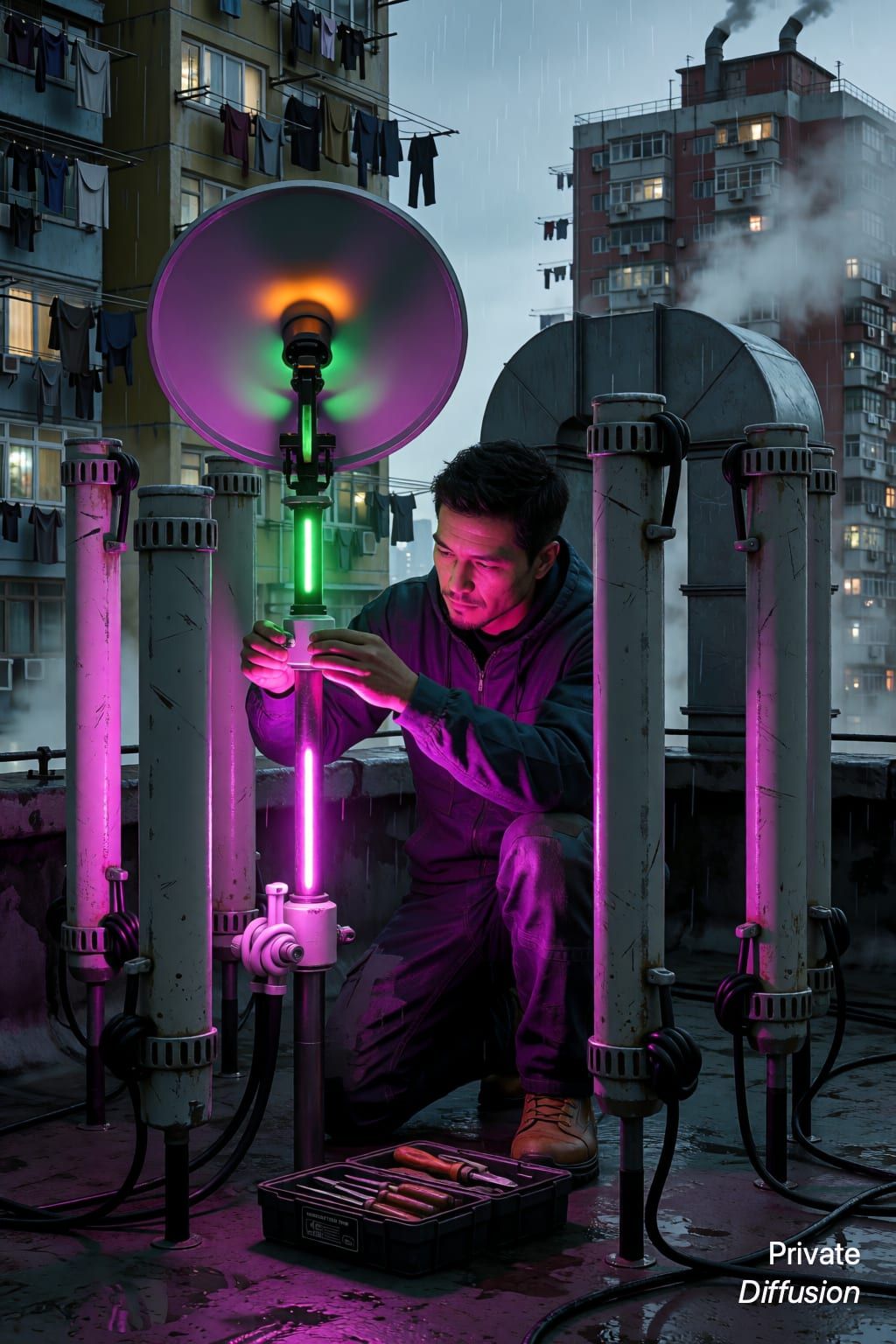 A rooftop mechanic repairs glowing antenna equipment in a rainy futuristic city.