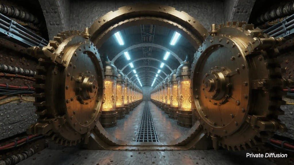 A bronze underground seed vault opens onto glowing rows of glass capsules.
