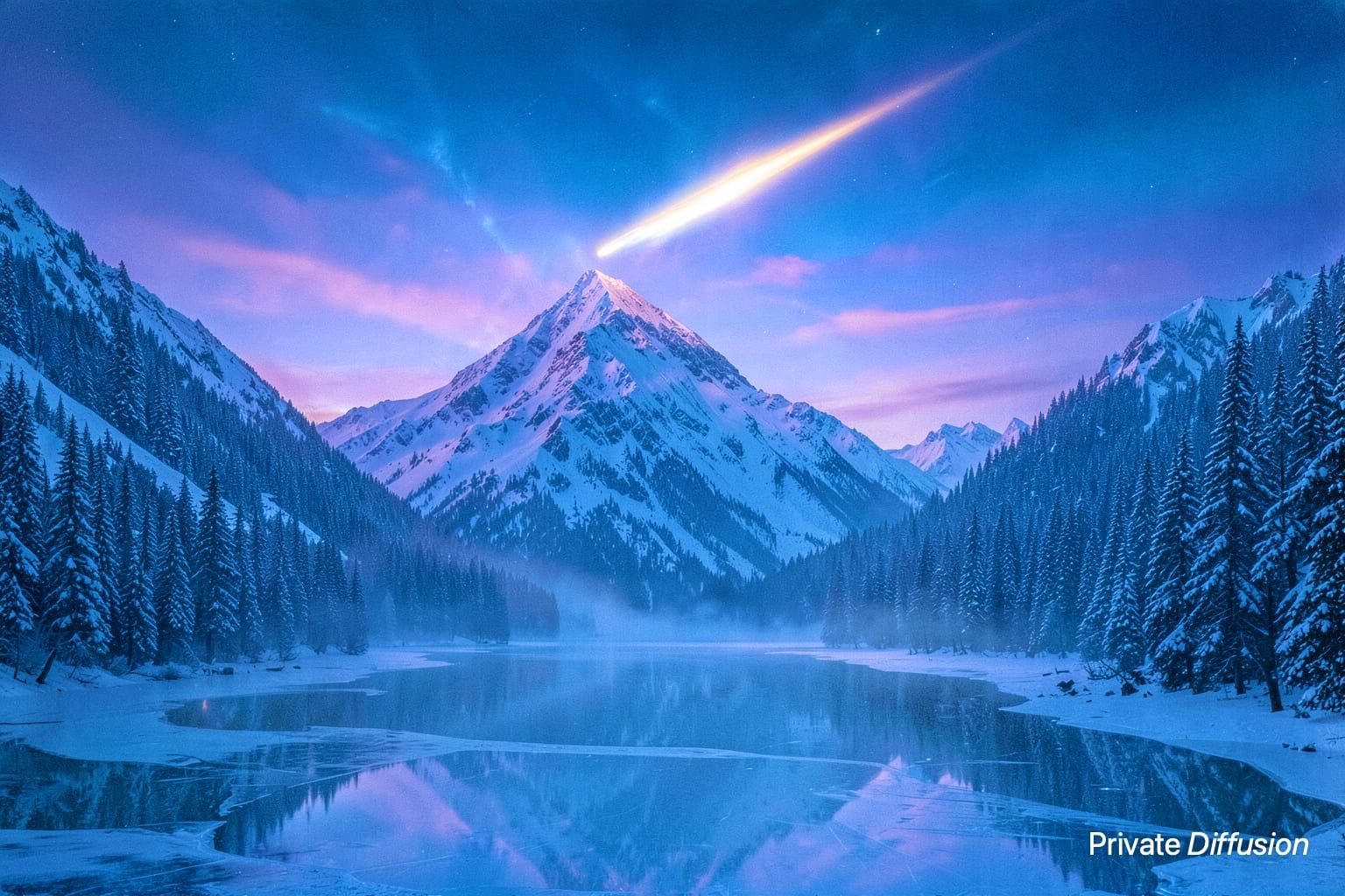 A meteor streaks above snowy mountains reflected in a frozen alpine lake.