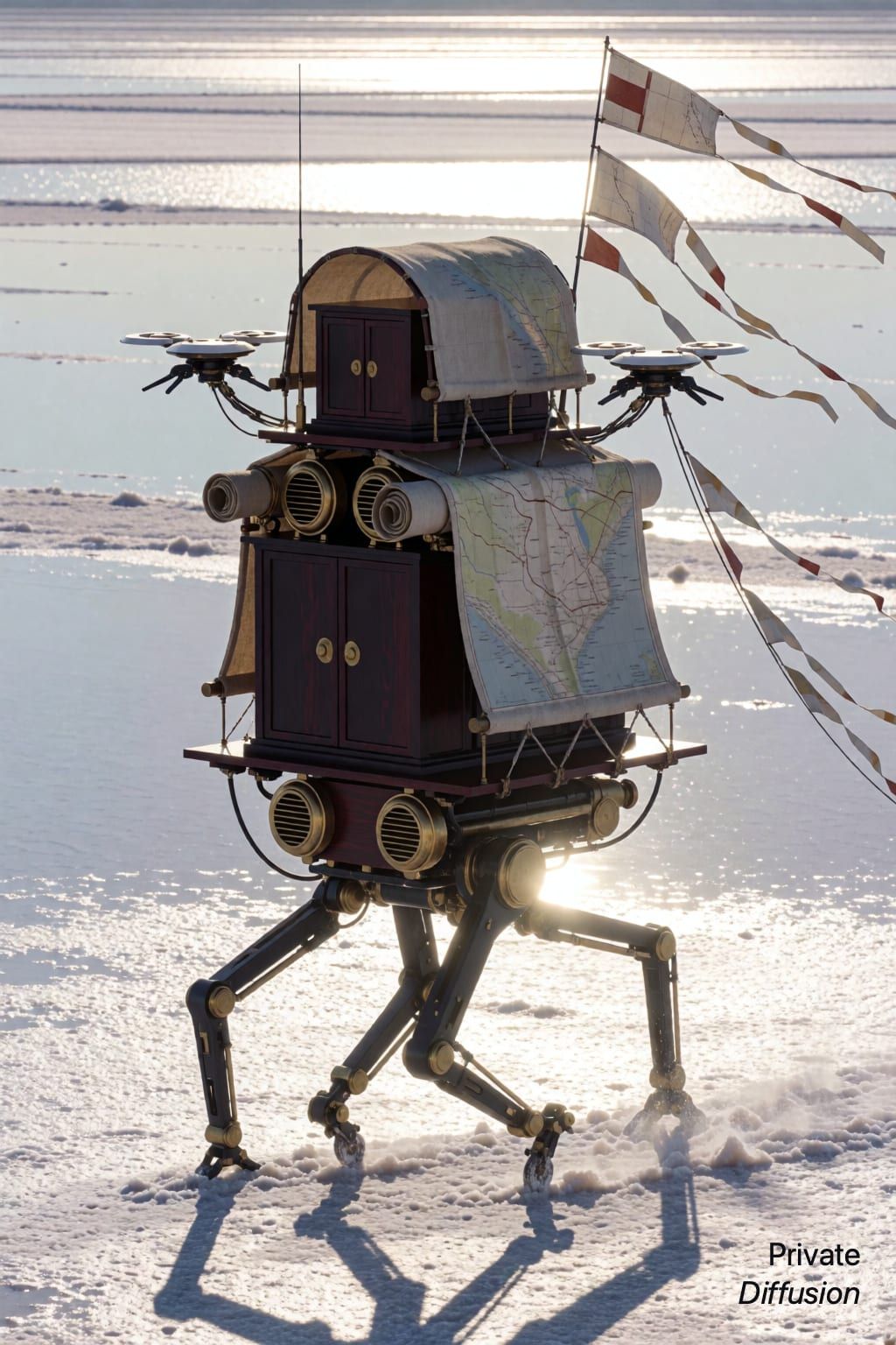 A tall walking archive crosses bright salt flats with drones circling above.