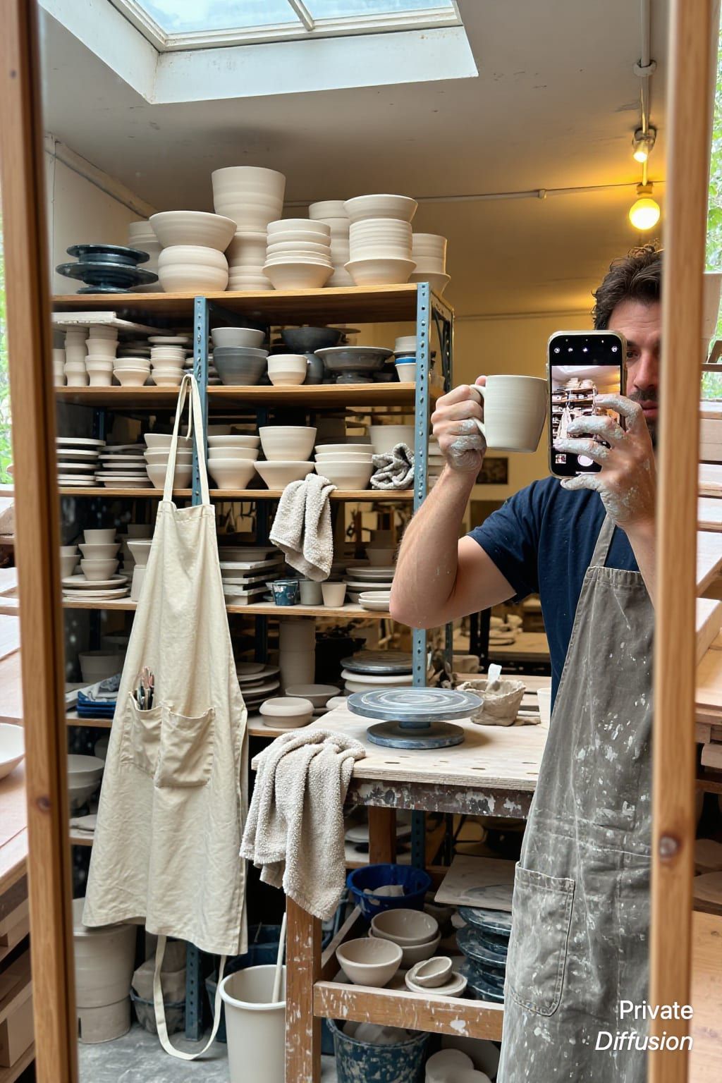 A ceramic artist takes a mirror selfie in a pottery studio while holding a handmade mug.