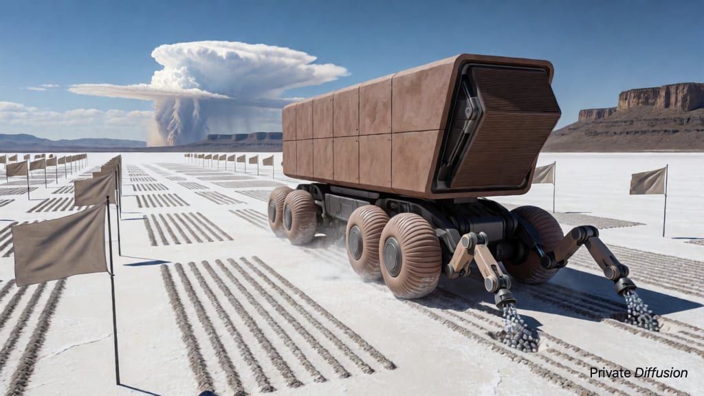 A huge mobile seed vault plants capsules across bright salt flats.