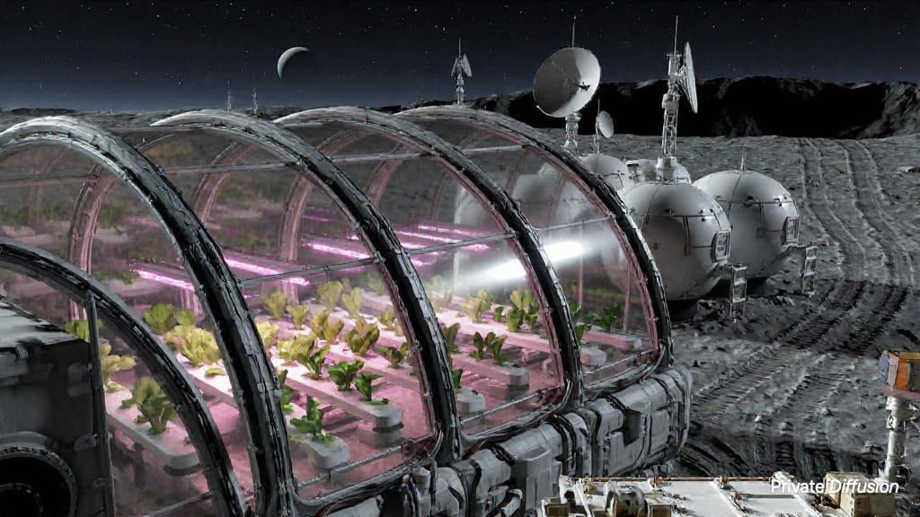 A lunar greenhouse glows beside habitat modules and crater dust during an eclipse.