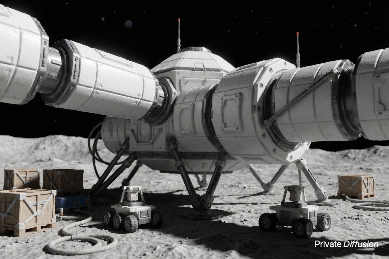 A white modular moon habitat is assembled by small carts on a dusty crater floor.