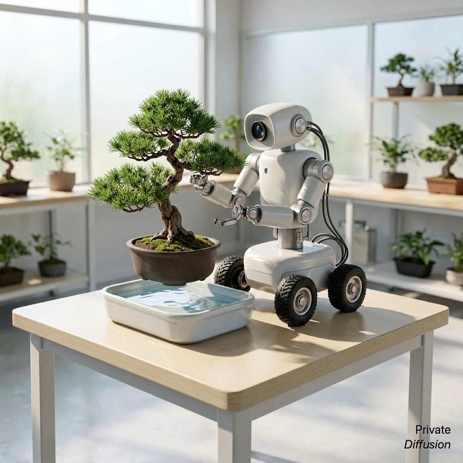 A small modular robot trims a bonsai tree on a bright lab workbench.
