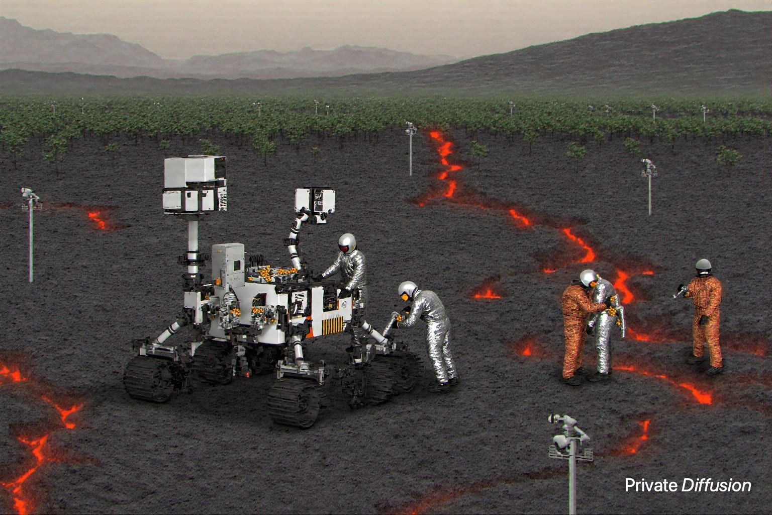 A heat-shielded rover harvests glowing fruit from basalt trees in a volcanic orchard.