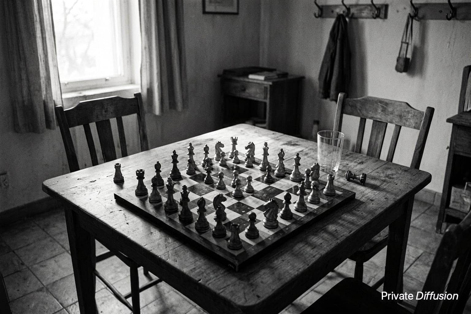 A black-and-white chess table sits with scattered pieces and a fallen knight after a game.