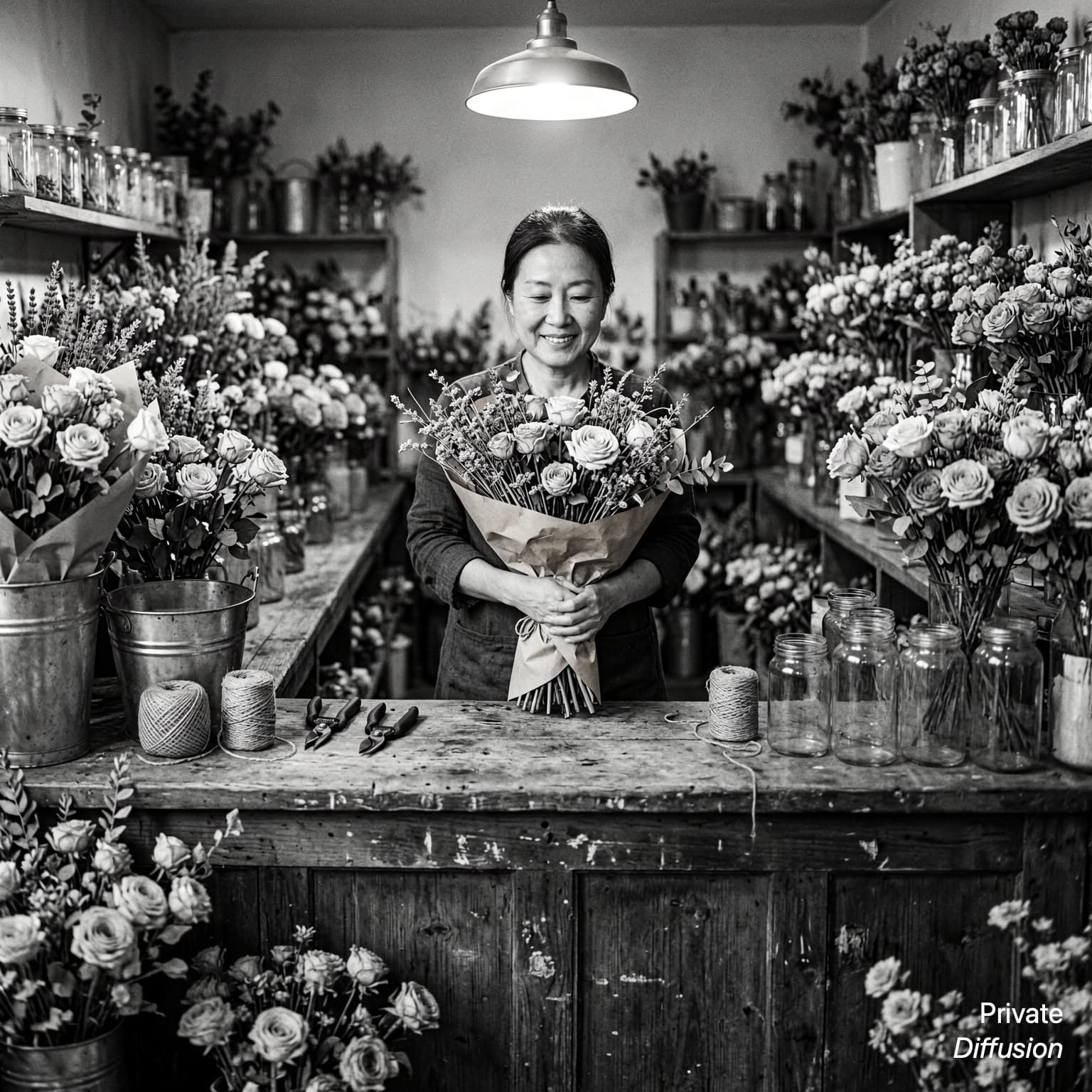 A florist bundles stems behind a counter in a shadowy black-and-white shop scene.