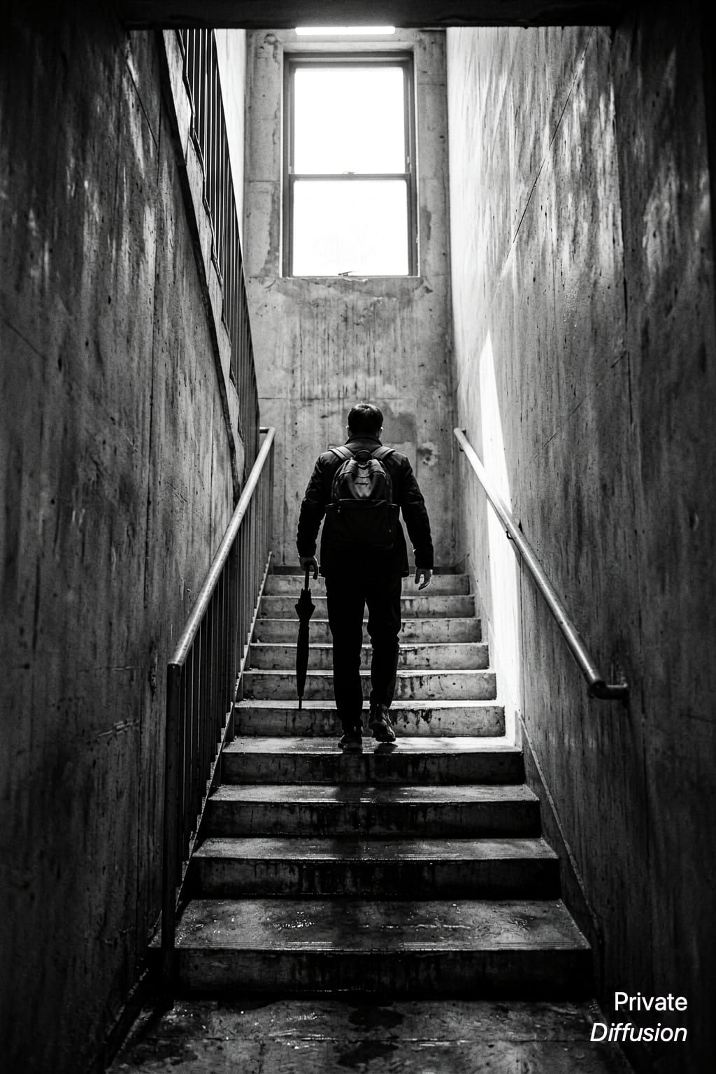 A commuter climbs a stark concrete stairwell holding a closed umbrella.