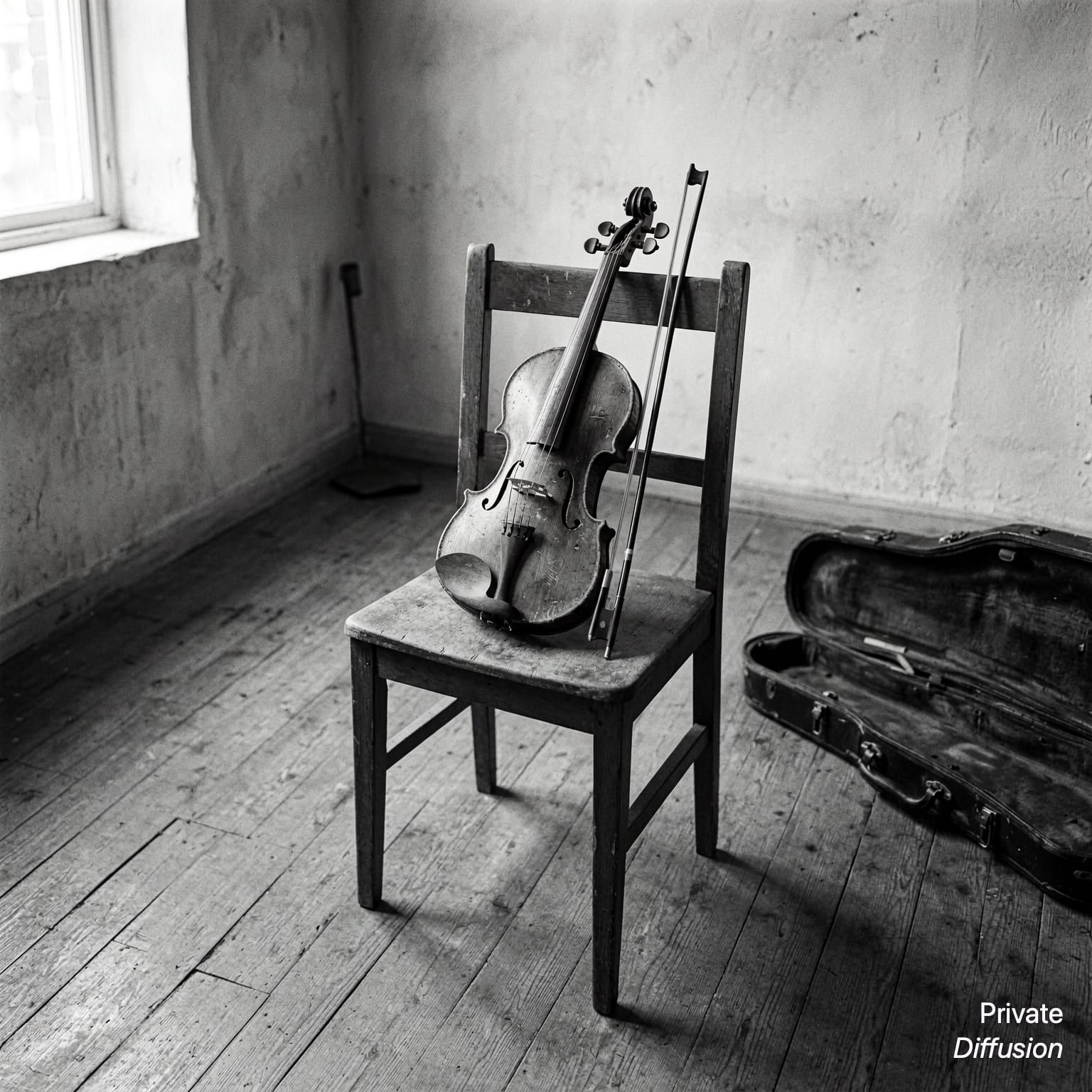 A black-and-white violin rests on a wooden chair beside an open case.