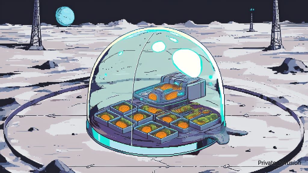 A pixel robot harvests square melons in a moon dome greenhouse.