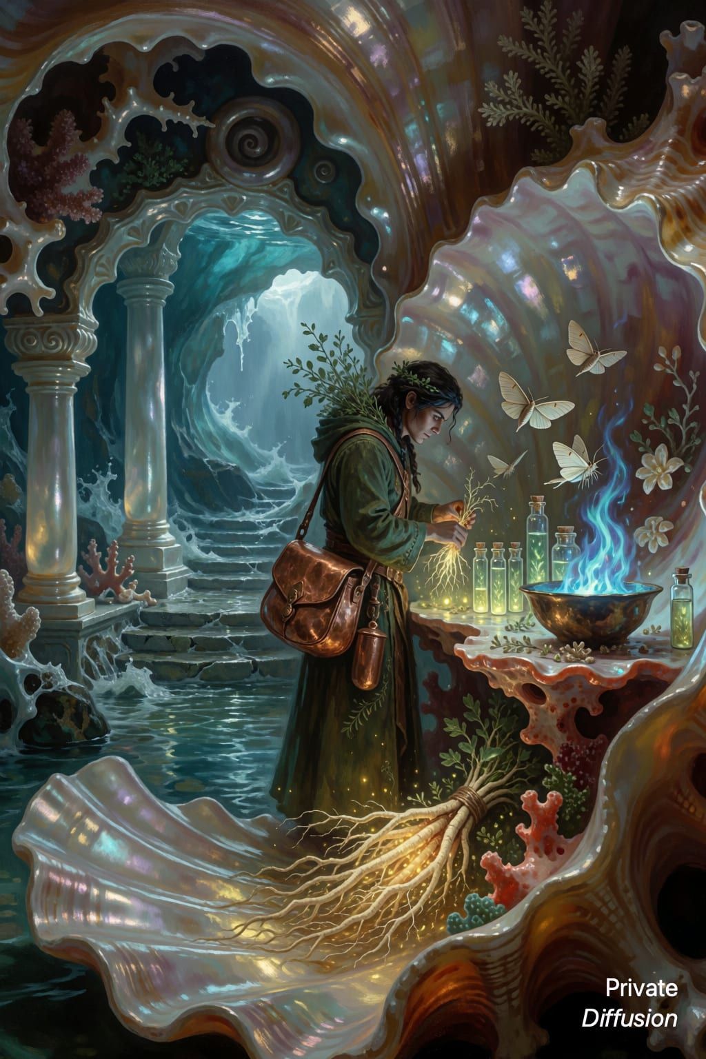 A mage arranges glowing vials inside a moonlit shell chamber by the sea.