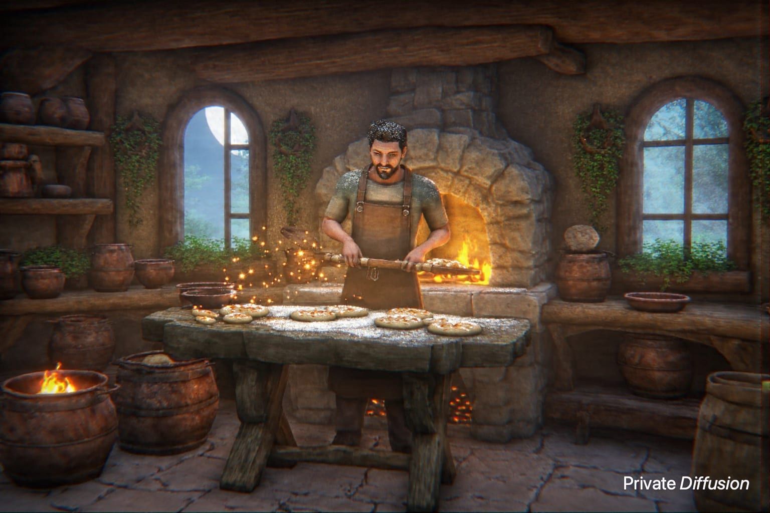 A village baker opens a glowing oven as moon-shaped pastries release tiny sparks.
