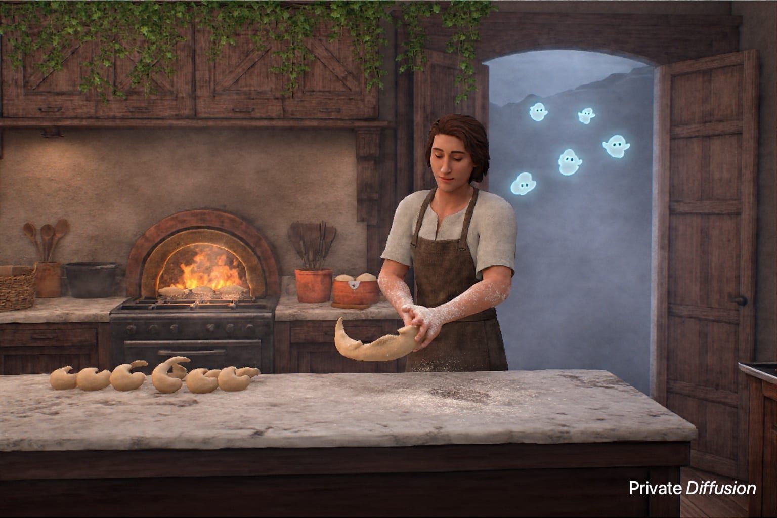 A baker shapes crescent loaves for small cloud spirits inside a moonlit cliffside bakery.