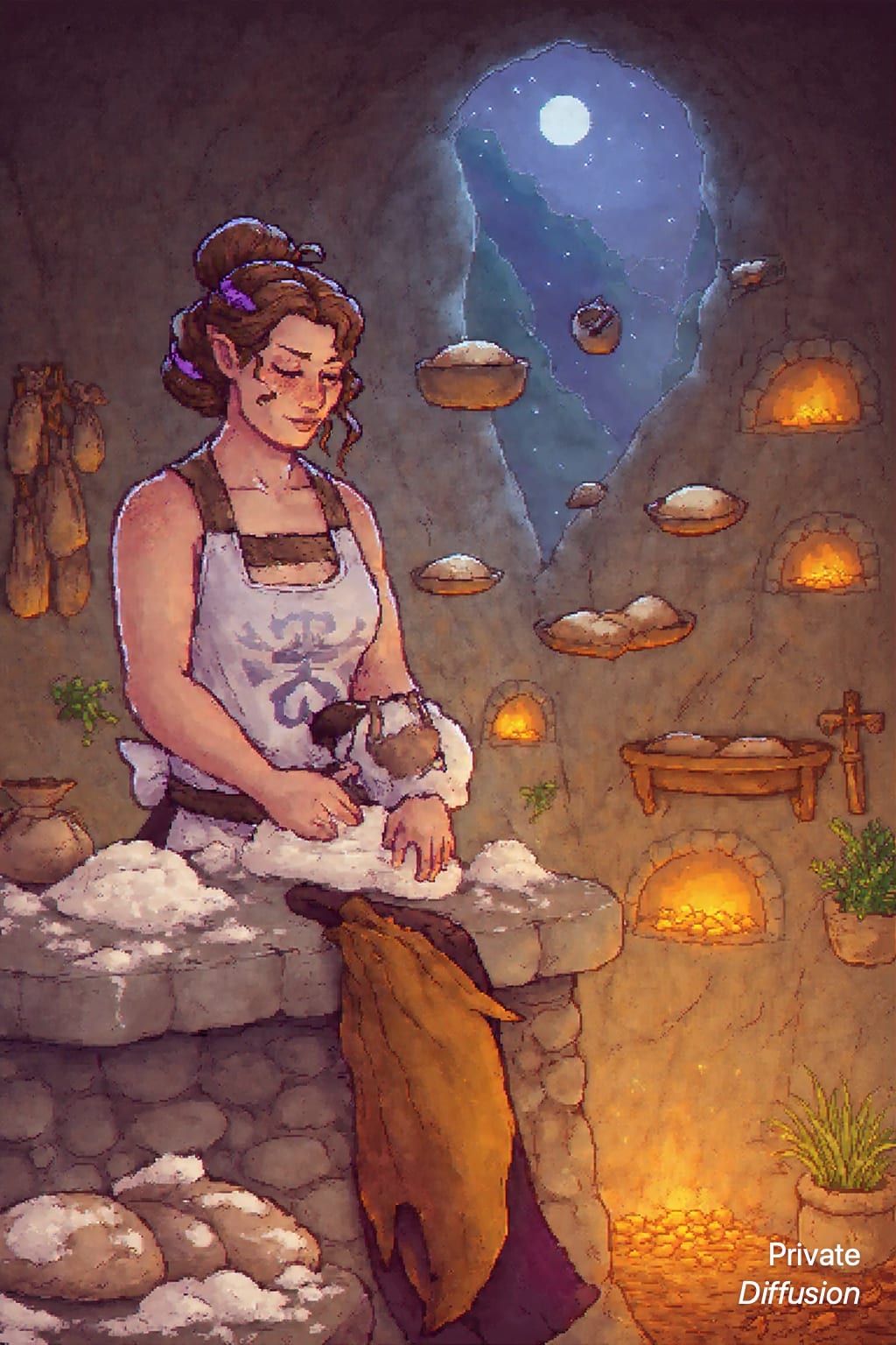 A baker kneads cloud-like bread in a moonlit bakery inside a hollow hill.