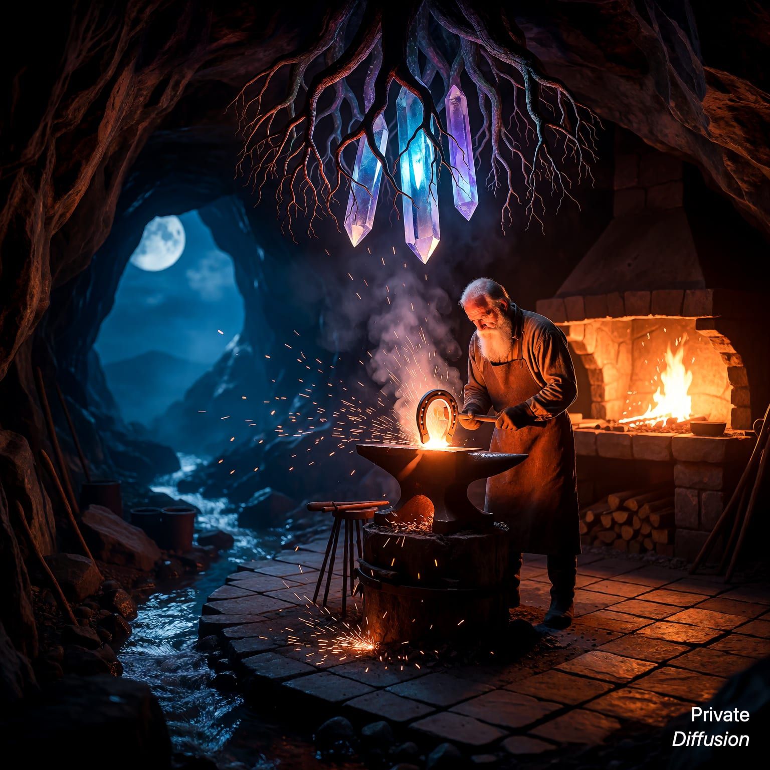 An elder blacksmith works at a glowing forge beneath hanging crystal roots.