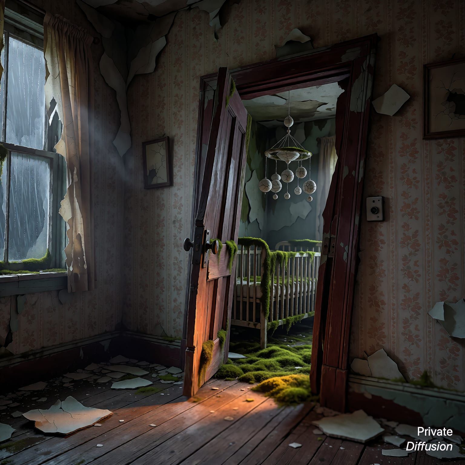 An abandoned nursery is seen through a warped doorway with moonlight on a mossy crib.